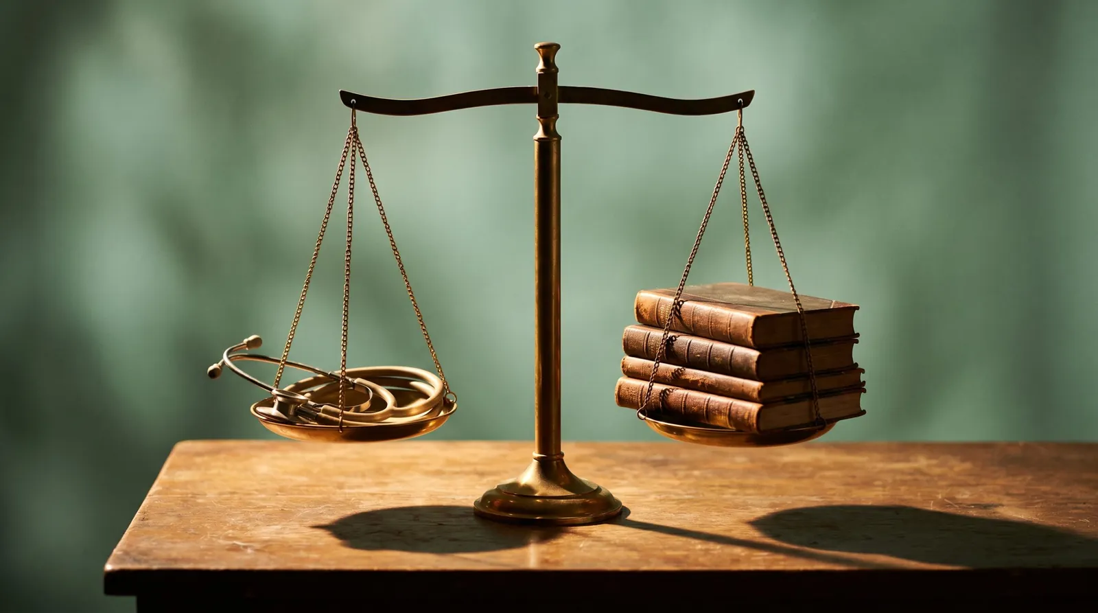 A brass balance scale weighing a stethoscope against a stack of law books