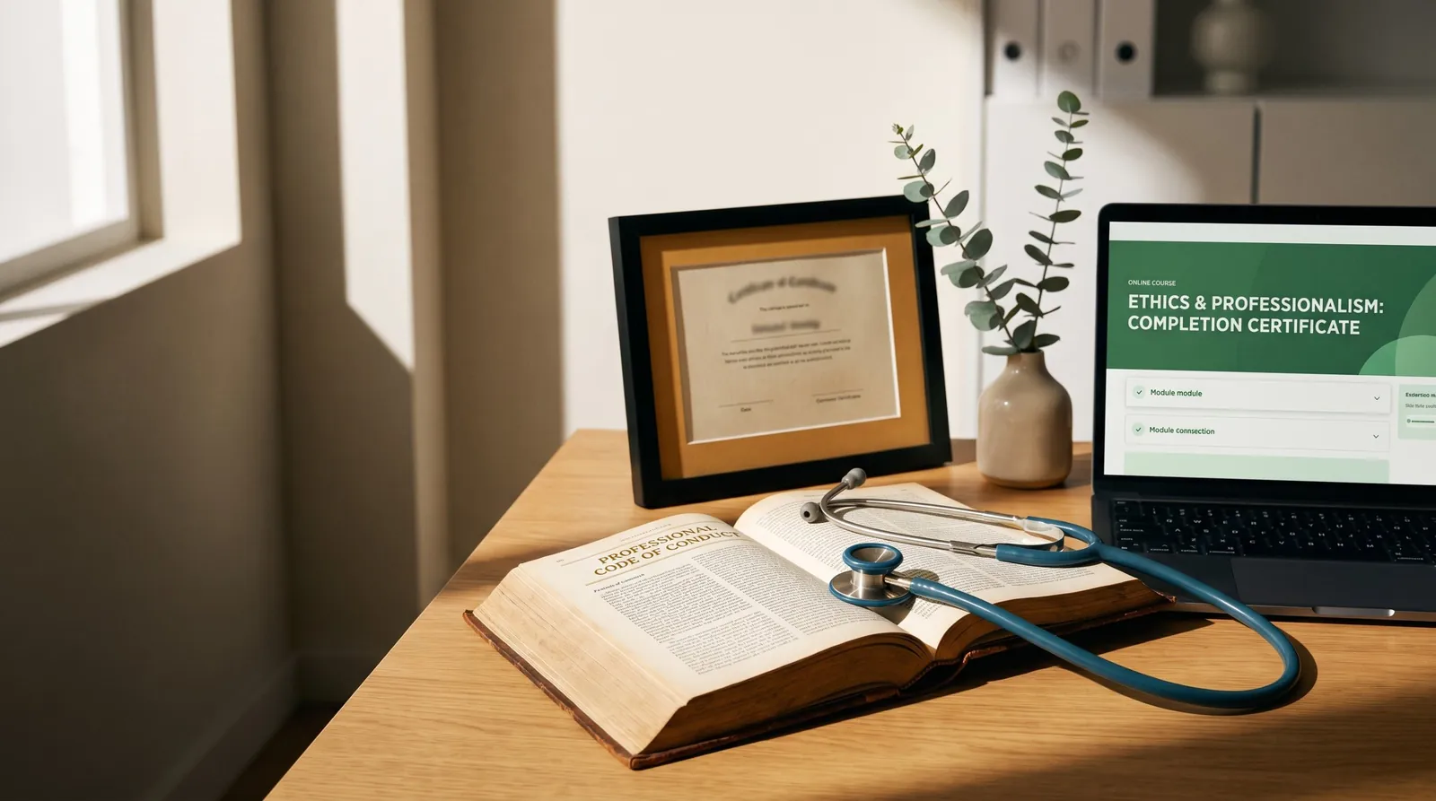 A code of conduct book, stethoscope, framed certificate and laptop on a desk